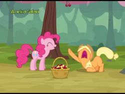 Size: 384x288 | Tagged: safe, screencap, applejack, pinkie pie, earth pony, pony, g4, the last roundup, aaugh!, aneka safari records, duo, eyes closed, nose in the air