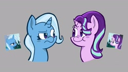 Size: 1920x1080 | Tagged: safe, artist:gobrosstar, starlight glimmer, trixie, pony, unicorn, g4, duo, duo female, female, raised eyebrow, scene interpretation, smiling, unamused