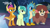 Size: 1250x703 | Tagged: safe, screencap, gallus, sandbar, smolder, yona, dragon, earth pony, griffon, pony, yak, g4, uprooted, bow, cloven hooves, crossed arms, group, hair bow, monkey swings, quartet, raised eyebrow