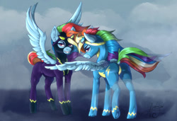 Size: 1280x874 | Tagged: safe, artist:xzjeep, rainbow dash, pegasus, pony, g4, butt, clothes, costume, duality, female, fog, grin, lidded eyes, looking at you, looking back, looking back at you, mare, plot, self paradox, self ponidox, shadowbolt dash, shadowbolts costume, shadowbolts uniform, signature, smiling, solo, spread wings, uniform, wings, wonderbolts uniform