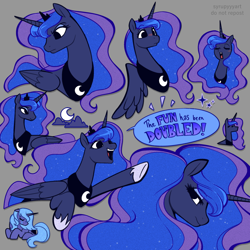 Size: 2500x2500 | Tagged: safe, artist:syrupyyy, princess luna, alicorn, pony, blushing, calendar of lunas, crown, crying, cute, english, eyes closed, female, hoof shoes, jewelry, lunabetes, mare, multeity, open mouth, regalia, s1 luna, sad, solo, the fun has been doubled