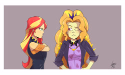 Size: 3300x1998 | Tagged: safe, artist:loganpg, artist:loganpg3, adagio dazzle, sunset shimmer, human, equestria girls, g4, aside glance, crossed arms, duo, duo female, female, frown, hand on hip, looking at each other, looking at someone, looking at you, one eye open, signature, simple background, sunset shimmer is not amused, unamused