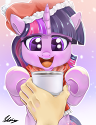 Size: 1134x1473 | Tagged: safe, artist:skikey, twilight sparkle, human, pony, g4, chocolate, clothes, cute, female, first person view, food, hand, hat, hot chocolate, mare, mug, offscreen character, offscreen human, open mouth, open smile, outstretched hoof, pov, scarf, signature, smiling, snow, snowfall, twiabetes, underhoof, winter