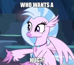 Size: 600x524 | Tagged: safe, edit, edited screencap, screencap, silverstream, classical hippogriff, hippogriff, g4, uprooted, bronybait, caption, cropped, cute, diastreamies, english, hug request, image macro, jewelry, meme, memeful.com, necklace, solo, spread arms, text