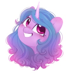 Size: 877x976 | Tagged: safe, artist:melodylibris, izzy moonbow, pony, unicorn, g5, big grin, blushing, bust, cute, female, grin, izzybetes, looking up, mare, simple background, smiling, solo, white background