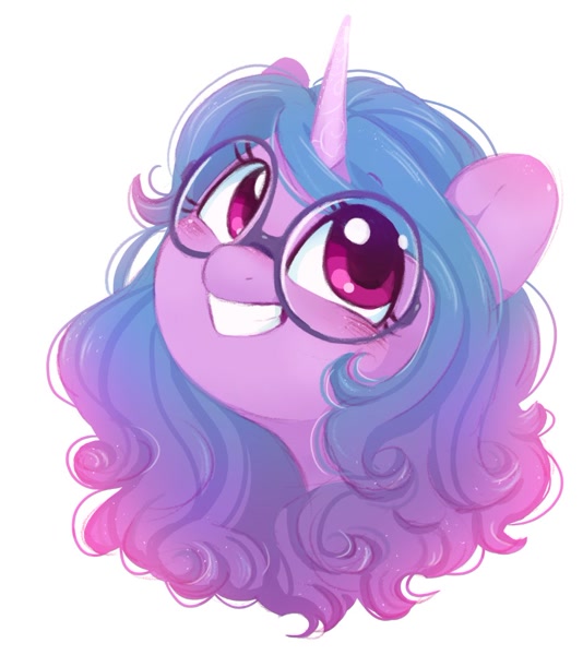 Size: 886x995 | Tagged: safe, alternate version, artist:melodylibris, izzy moonbow, pony, unicorn, g5, big grin, blushing, bust, cute, featured image, female, glasses, grin, izzybetes, looking up, mare, round glasses, simple background, smiling, solo, white background