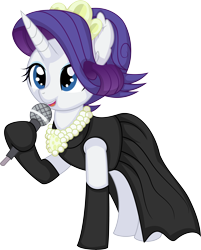 Size: 6011x7485 | Tagged: safe, artist:cyanlightning, rarity, pony, unicorn, g4, the gift of the maud pie, .svg available, absurd resolution, alternate hairstyle, audrey hepburn, black dress, breakfast at tiffany's, clothes, dress, evening gloves, female, gloves, holding, holly golightly, jewelry, jewels, little black dress, long gloves, mare, microphone, necklace, open mouth, pearl necklace, simple background, solo, tiara, transparent background, vector