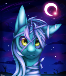 Size: 2660x3060 | Tagged: safe, artist:shkura2011, lyra heartstrings, pony, unicorn, g4, bust, clothes, cloud, costume, crescent moon, female, halloween, high res, holiday, mare, moon, mummy, nightmare night, nightmare night costume, portrait, signature, sky, smiling, solo focus, speedpaint available, stars