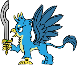 Size: 403x338 | Tagged: safe, artist:horsesplease, gallus, g4, khopesh, majestic, rabydosverse, simple background, smiling, spread wings, sword, transparent background, vozolaz, vozonid, weapon, wings