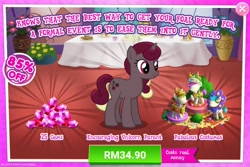 Size: 1546x1033 | Tagged: safe, gameloft, cherry choco, pony, unicorn, g4, my little pony: magic princess, advertisement, clothes, costs real money, costume, english, female, gem, introduction card, mare, sale