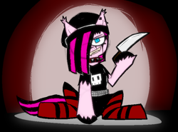 Size: 1430x1060 | Tagged: safe, artist:xxv4mp_g4z3rxx, pinkie pie, bat pony, pony, wingless bat pony, g4, alternate design, alternate hairstyle, bat ponified, beanie, ear piercing, edgy, emo, eyeliner, fangs, female, hat, kinsona, knife, looking at you, makeup, mare, piercing, pinkamena diane pie, race swap, smiling, solo, wingless