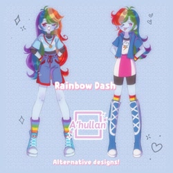 Size: 1900x1900 | Tagged: safe, artist:ahullan, rainbow dash, human, equestria girls, g4, ;p, clothes, converse, english, female, long hair, no nose, one eye closed, rainbow socks, shirt, shoes, shorts, socks, solo, striped socks, t-shirt, tongue out