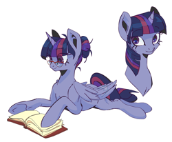 Size: 1280x1053 | Tagged: safe, artist:meow286, twilight sparkle, alicorn, pony, g4, book, glasses, hair bun, lying down, reading, simple background, solo, twilight sparkle (alicorn), white background