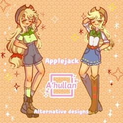 Size: 1700x1700 | Tagged: safe, artist:ahullan, applejack, human, equestria girls, g4, arm behind head, clothes, english, female, freckles, long hair, no nose, one eye closed, shirt, shorts, skirt, solo