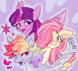 Size: 640x585 | Tagged: safe, artist:izzypaw, fluttershy, rainbow dash, twilight sparkle, alicorn, pegasus, pony, g4, bust, digital art, signature, simple background, trio, twilight sparkle (alicorn)