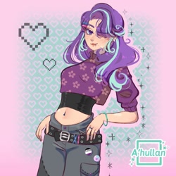 Size: 1700x1700 | Tagged: safe, artist:_ahullan, artist:ahullan, starlight glimmer, human, equestria girls, g4, asexual pride flag, belly button, belly piercing, bellyring, belt, eyebrow piercing, female, hair over one eye, lip piercing, midriff, piercing, pride, pride flag, solo