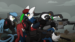 Size: 5135x2891 | Tagged: source needed, safe, alternate version, artist:bbsartboutique, oc, oc:gorgos, oc:gravia, oc:grenadier, griffon