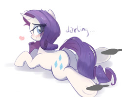Size: 710x566 | Tagged: safe, artist:kqaii, rarity, pony, unicorn, blushing, butt, cute, darling, english, female, looking at you, mare, plot, raribetes, rearity, smiling, solo