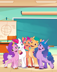 Size: 819x1024 | Tagged: safe, editor:horsesplease, hitch trailblazer, izzy moonbow, pipp petals, sunny starscout, zipp storm, earth pony, pegasus, pony, unicorn, g5, official, chalkboard, classroom, female, male, mane five, mare, stallion, template, turkish, unshorn fetlocks