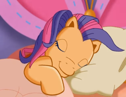 Size: 1400x1080 | Tagged: safe, screencap, scootaloo (g3), earth pony, pony, g3, pinkie pie's special day, bed, bedroom, cute, eyes closed, female, g3 cutealoo, indoors, mare, morning, pillow, sleeping, smiling, solo