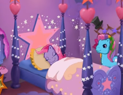 Size: 1400x1080 | Tagged: safe, screencap, rainbow dash (g3), starsong, earth pony, pegasus, pony, g3, pinkie pie's special day, bed, bedroom, cute, duo, eyes closed, female, g3 dashabetes, hat, mare, mirror, morning, pillow, sleeping, smiling, stars, starsawwwng, top hat