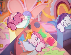 Size: 1400x1080 | Tagged: safe, screencap, cheerilee (g3), sweetie belle (g3), toola-roola, earth pony, pony, unicorn, g3, pinkie pie's special day, bed, bedroom, cheerilee's bedroom, colors, cute, eyes closed, female, flower, g3 cheeribetes, g3 diasweetes, heart, mare, morning, paintbrush, pillow, roolabetes, sleeping, smiling, sweetie belle's bedroom, toola roola's bedroom