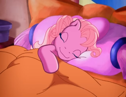 Size: 1400x1080 | Tagged: safe, screencap, pinkie pie (g3), earth pony, pony, g3, pinkie pie's special day, bed, bedroom, cute, eyes closed, female, g3 diapinkes, mare, morning, pillow, sleeping, smiling, solo