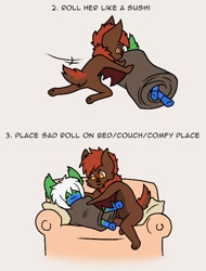 Size: 517x682 | Tagged: safe, artist:zackwhitefang, oc, oc only, oc:rowena, oc:zack whitefang, bat, pegasus, anthro, bat wings, blanket, comic, couch, duo, english, eyes closed, female, furry, furry oc, male, oc x oc, open mouth, rolling, shipping, straight, wings
