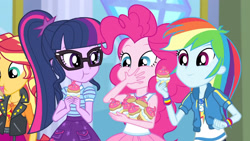 Size: 3410x1920 | Tagged: safe, screencap, pinkie pie, rainbow dash, sci-twi, sunset shimmer, twilight sparkle, human, equestria girls, g4, my little pony equestria girls: better together, super squad goals, clothes, cupcake, cute, cutie mark on clothes, dashabetes, diapinkes, eating, female, food, geode of empathy, geode of super speed, glasses, high res, hoodie, jewelry, leather, leather vest, magical geodes, necklace, ponytail, tank top, vest