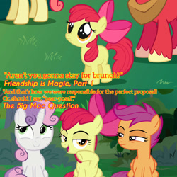 Size: 1920x1920 | Tagged: safe, edit, edited screencap, editor:itsmgh1203, screencap, apple bloom, big macintosh, scootaloo, sweetie belle, earth pony, pegasus, pony, unicorn, friendship is magic, g4, season 1, season 9, the big mac question, adorabloom, apple bloom's bow, bow, cute, cutie mark crusaders, english, female, filly, foal, hair bow, looking at you, male, mare, offscreen character, open mouth, open smile, smiling, stallion, talking, talking to viewer, text, wide eyes