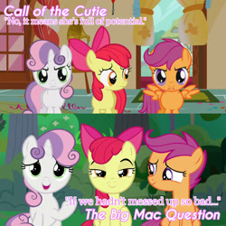 Size: 1920x1920 | Tagged: safe, edit, edited screencap, editor:itsmgh1203, screencap, apple bloom, scootaloo, sweetie belle, earth pony, pegasus, pony, unicorn, call of the cutie, g4, season 1, season 9, the big mac question, apple bloom's bow, bow, cutie mark crusaders, english, female, filly, foal, hair bow, open mouth, open smile, smiling, spread wings, sugarcube corner, text, trio, trio female, wings