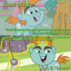 Size: 1920x1920 | Tagged: safe, edit, edited screencap, editor:itsmgh1203, screencap, snails, snips, pony, unicorn, 2 4 6 greaaat, boast busters, g4, season 1, season 9, colt, english, foal, magic, male, offscreen character, open mouth, open smile, smiling, solo focus, telekinesis, text