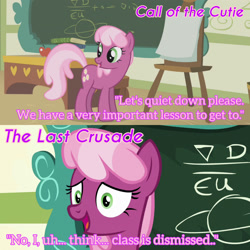 Size: 1920x1920 | Tagged: safe, edit, edited screencap, editor:itsmgh1203, screencap, cheerilee, earth pony, pony, call of the cutie, g4, season 1, season 9, the last crusade, apple, book, chalkboard, english, female, food, mare, open mouth, open smile, palindrome get, smiling, solo, text