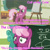 Size: 1920x1920 | Tagged: safe, edit, edited screencap, editor:itsmgh1203, screencap, cheerilee, earth pony, pony, call of the cutie, g4, my little pony: friendship is magic, season 1, season 9, the last crusade, apple, book, chalkboard, english, female, food, mare, open mouth, open smile, palindrome get, smiling, solo, text