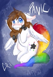 Size: 1423x2048 | Tagged: safe, artist:mscolorsplash, oc, oc only, oc:color splash, pegasus, pony, anxiety, blushing, female, floppy ears, mare, rainbow tail, solo, tail, wavy mouth