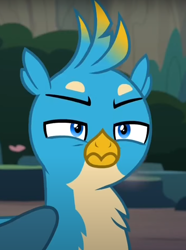 Size: 582x783 | Tagged: safe, screencap, gallus, griffon, g4, uprooted, cropped, gallus is not amused, male, reaction image, solo, unamused