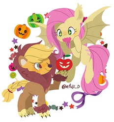 Size: 688x740 | Tagged: safe, artist:efuji_d, applejack, fluttershy, bat pony, earth pony, pony, g4, animal costume, apple, applelion, bat ponified, bat wings, candy, clothes, costume, cute, duo, duo female, fangs, female, flutterbat, flying, food, freckles, halloween, hatless, holiday, jackabetes, looking at something, mare, missing accessory, one eye closed, open mouth, pumpkin, race swap, raised hoof, shyabetes, simple background, spread wings, stars, white background, wings