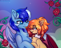Size: 2500x2000 | Tagged: safe, artist:stesha, oc, oc only, oc:cinnamon dust, oc:ocean breeze, bat pony, pegasus, pony, g4, bat pony oc, bust, chest fluff, commission, cute, eye clipping through hair, eyebrows, eyebrows visible through hair, female, flower, gradient mane, high res, holding hooves, looking at each other, looking at someone, male, mare, oc x oc, open mouth, open smile, partially open wings, pegasus oc, romance, romantic, rose, shipping, sky background, smiling, smiling at each other, stallion, tongue out, wings, ych result