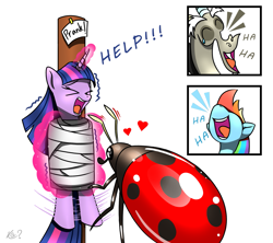 Size: 1757x1560 | Tagged: safe, artist:questionmarkdragon, discord, rainbow dash, twilight sparkle, alicorn, insect, ladybug, pegasus, pony, g4, ><, bondage, coccinellidaephobia, discord being discord, english, exclamation point, eyes closed, female, giant insect, haha, heart, help, laughing, male, mare, nose in the air, open mouth, open smile, out of character, pole tied, prank, rainbow douche, simple background, smiling, stake, this will end in petrification, this will end in strained friendships, tied up, trio, twilight hates ladybugs, twilight sparkle (alicorn)