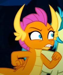 Size: 483x575 | Tagged: safe, screencap, sandbar, smolder, dragon, earth pony, pony, g4, uprooted, cropped, dragoness, female, gritted teeth, offscreen character, solo focus, teeth