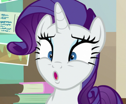 Size: 871x720 | Tagged: safe, screencap, rarity, pony, unicorn, friendship university, g4, book, cropped, female, horn, long mane, makeup, o mouth, open mouth, paper, shrunken pupils, solo, wide eyes