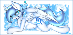 Size: 1974x945 | Tagged: safe, artist:ze-dusty, oc, oc only, oc:gale frostheart, pegasus, pony, blushing, cute, female, glowing, glowing eyes, pegasus oc, question mark, solo, wings