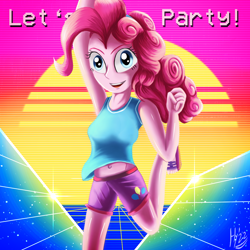 Size: 1500x1500 | Tagged: safe, artist:jphyperx, pinkie pie, human, equestria girls, belly button, clothes, female, jumping, looking at you, midriff, party, retrowave, running, shorts, solo, sunset, synthwave, tanktop