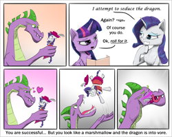 Size: 2500x1987 | Tagged: safe, artist:chopsticks, rarity, spike, twilight sparkle, alicorn, dragon, pony, unicorn, g4, bedroom eyes, blushing, casual vore, cheek fluff, chest fluff, clothes, comic, dialogue, dragons eating horses, dress, dungeon master, eaten alive, eating, english, eyes closed, female, fetish, forked tongue, hat, heart, hoof under chin, licking, licking lips, male, male pred, mare, mare prey, open mouth, rariprey, rarity is a marshmallow, roleplaying, seductive, simple background, spikepred, spikezilla, spipred, swallowing, tabletop game, text, throat bulge, tongue out, twilight sparkle (alicorn), unshorn fetlocks, vore