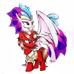Size: 894x894 | Tagged: safe, artist:liaaqila, queen novo, oc, oc:ironyoshi, classical hippogriff, hippogriff, pony, unicorn, g4, my little pony: the movie, clothes, shirt, simple background, traditional art, white background