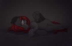 Size: 3909x2501 | Tagged: safe, artist:jsunlight, artist:melodylibris, oc, oc only, oc:julia_sunlight, pegasus, pony, bodypaint, collaboration, crying, dark, ear tufts, hair over one eye, high res, looking down, lying down, no pupils, on side, partially open wings, sad, sleeve tattoo, solo, tattoo, teary eyes, tribal markings, wings
