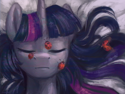 Size: 2000x1500 | Tagged: safe, artist:jewellier, twilight sparkle, insect, ladybug, pony, unicorn, g4, beautiful, bust, eyes closed, female, insect on nose, mare, portrait, sleeping, solo, this will end in tears, this will not end well, twilight hates ladybugs, what could possibly go wrong
