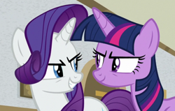 Size: 1156x737 | Tagged: safe, screencap, rarity, twilight sparkle, alicorn, pony, unicorn, friendship university, g4, cropped, duo, looking at each other, looking at someone, twilight sparkle (alicorn)