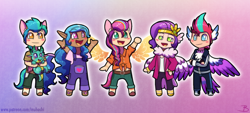 Size: 1768x798 | Tagged: safe, artist:inuhoshi-to-darkpen, hitch trailblazer, izzy moonbow, pipp petals, sparky sparkeroni, sunny starscout, zipp storm, dragon, human, g5, artificial wings, augmented, chibi, dark skin, eared humanization, humanized, magic, magic wings, mane five, open mouth, tail, tailed humanization, wing ears, winged humanization, wings