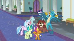 Size: 1280x719 | Tagged: safe, screencap, gallus, ocellus, rarity, sandbar, silverstream, smolder, twilight sparkle, yona, alicorn, changedling, changeling, classical hippogriff, dragon, earth pony, griffon, hippogriff, pony, unicorn, yak, friendship university, g4, bow, butt, cloven hooves, colored hooves, dragoness, eyes closed, female, hair bow, jewelry, jumping, male, monkey swings, necklace, plot, school of friendship, student six, teenager, twilight sparkle (alicorn)